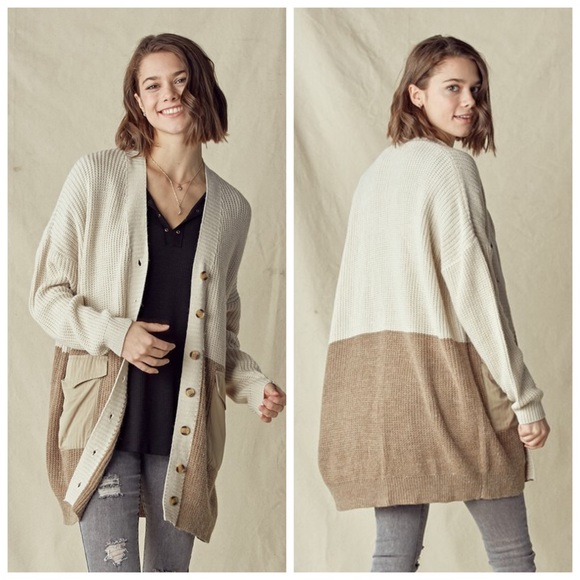 Knit Fall Neutral Cardigan Taupe Color Block Long Pocket Cardigan - Picture 1 of 11